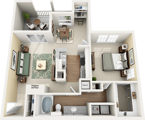 Floor plan for 1 bed, 1 bath, 842 sqft